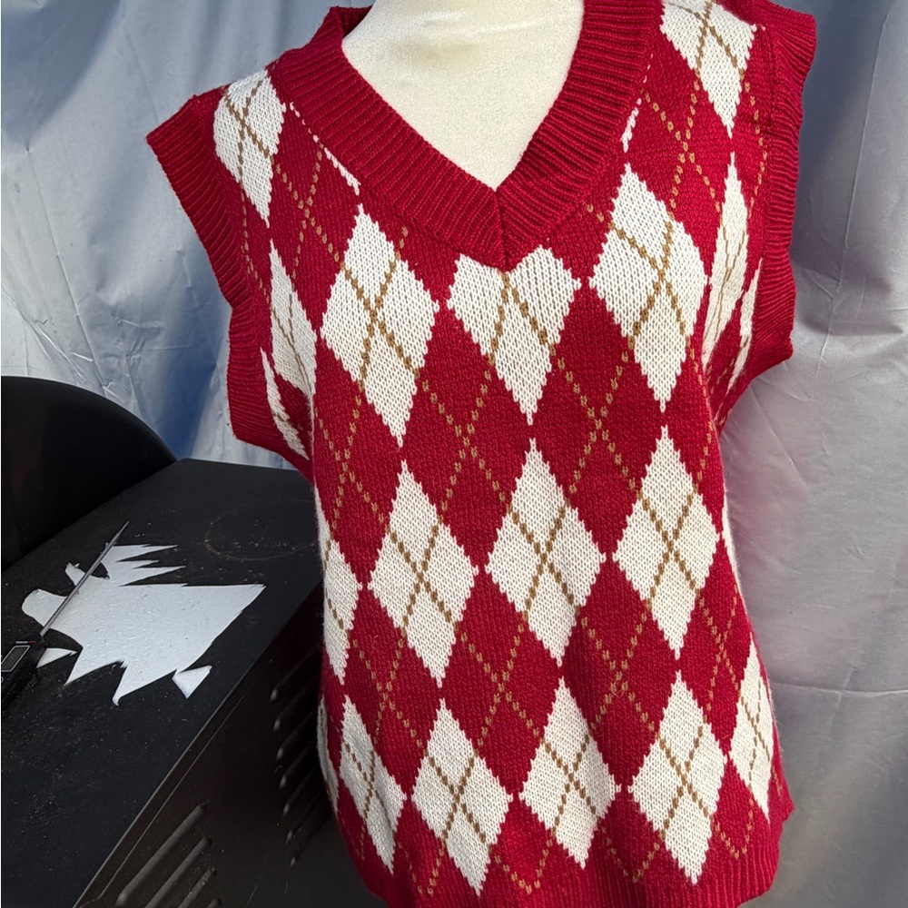 Red Argyle V-Neck Sweater Vest - Women's